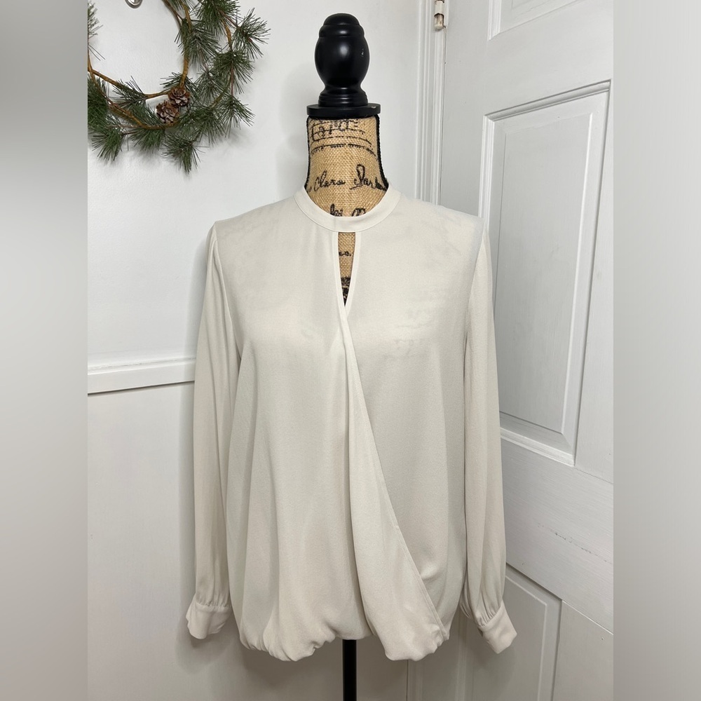 Eileen Fisher 100% Silk Georgette Crepe Surplice Overlap Front Blouse in Bone